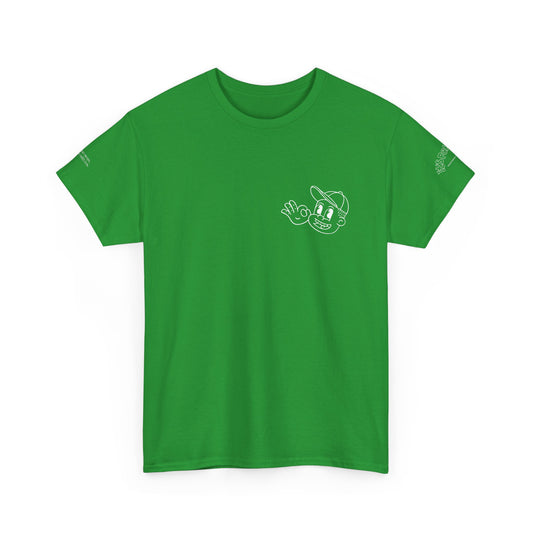 Green t-shirt with a logo on the chest against a white background