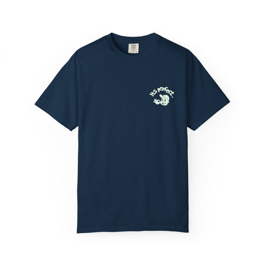 Navy blue t-shirt with a graphic design on a white background